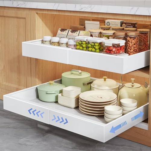 Pull Out Cabinet Organizer Sliding Shelf, Extendable Pantry Storage for Kitchen Cabinets with Adhesive Nano Film, 2 Pack