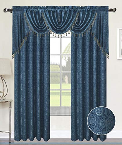 Luxury Home Textiles Angelina Damask 7 Piece Curtain, Beaded Austrian VALANCES and Swag Set, Blue