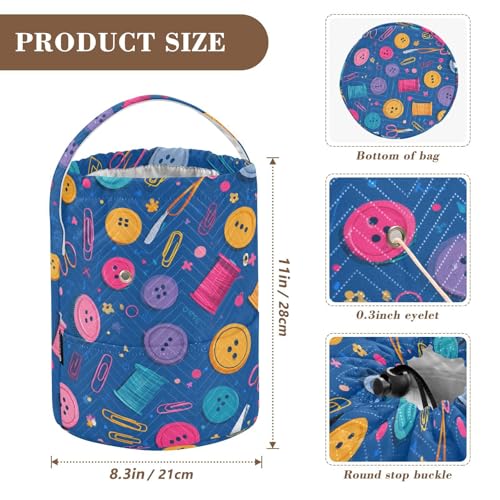 Image of ElliTarr Crochet Bag Yarn Bag with Handle Portable Knitting Project Bag Travel Yarn Storage Organizer Holder Case Blue Thread Buttons Clips Scissors