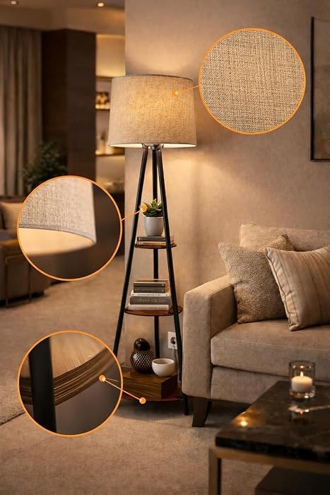 Image of Floor Lamp with 3-Tier Storage Shelves, Linen Shade | Living Room Decor, Metal Frame, Warm Ambient Light, Built-In Display Shelves, Freestanding Design