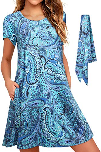 Vestido Floral Casual de Verano para Mujer con Bolsillos Túnica Suelta Vestidos Naranjas de Playa con cinturón Azul Aqua L