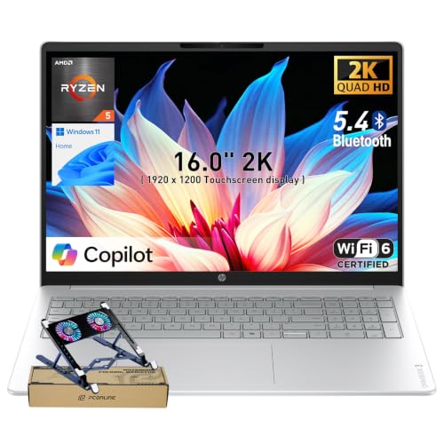 Image of HP OmniBook 3 16 inch 2K IPS Touchscreen Laptop, AMD Ryzen 5 CPU, 1TB Storage | AMD Radeon 610M Graphics, Microsoft Copilot Key, Advanced AI Noise Reduction, Win11 Home, Glacier Silver, w / Laptop Cooler