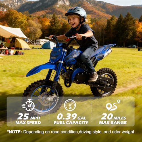 Image of 50cc Dirt Bike, 2 Stroke Gas Mini Bike for Kids 8-14 with Front Rear Disc Brakes, 10 Inch Off-Road Tires, Shock Absorption, Seat Height 23.6in, Max Speed 40mph, 2026 Upgraded (Blue)