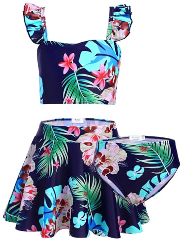 Arshiner Conjunto de Bikini para Niña Tankini de Verano de 3 Piezas con Falda Traje de Baño de Flores Azul Oscuro Traje de Baño de Playa 140/8-9 años
