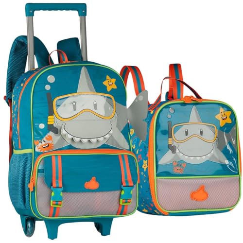 Conjunto Escolar Infantil com Mochila de Rodinhas 16 Polegadas e Lancheira Térmica, Estampa Personagem, Material Resistente, P/Crianças Meninos (Kit Materil Escolar Tubarão)