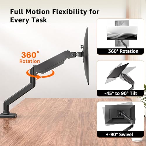 Image of Amazon Basics Pro Series Ergonomic Single Monitor Arm with Gas Spring - Full Motion VESA Mount (13 inch-32 inch), 360 Rotation, Supports up to 8 kg | Adjustable Monitor Mount