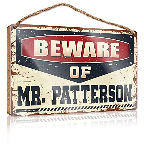 SWFG Hanging Porch Sign Beware Of Mr. Patterson Wooden Sign Room Stuff Boys Room Decor(20X30CM)