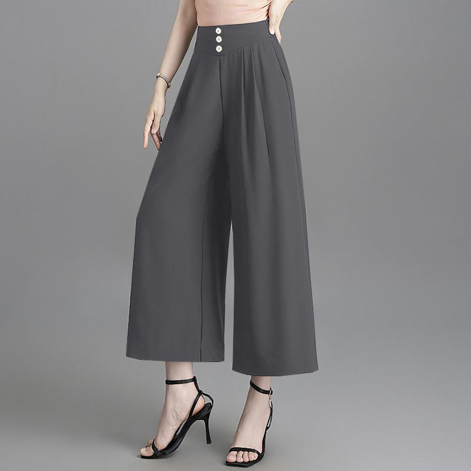 Palazzo - Pantaloni da lavoro da donna, eleganti, in vita elasticizzata, tinta unita, con pieghe, casual, da lavoro, morbidi, comodi, da ufficio, per il tempo libero, 7/8, con tasche