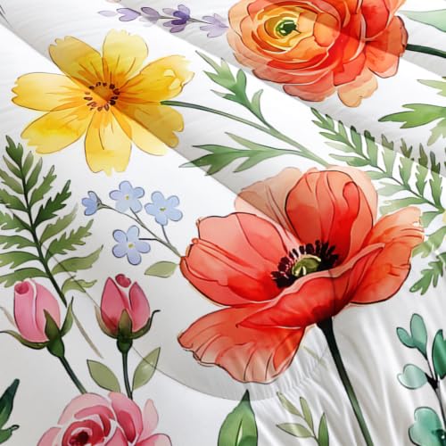 Image of AILONEN Orange Flower Comforter Set Queen Size, Meadow Butterfly Bedding Ensemble, Colorful Poppy Bedspread Quilt with 2 Pillowcases for Master Bedroom