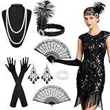 HBWHNIU Vestido Flapper de los Años 20, Vestido Flecos y Lentejuelas de los Años 20, 1920s Vestito Charleston Mujer, con Accesorios de los Años 20, Disfraz de Carnaval, para Fiestas Mascarada (A, L)