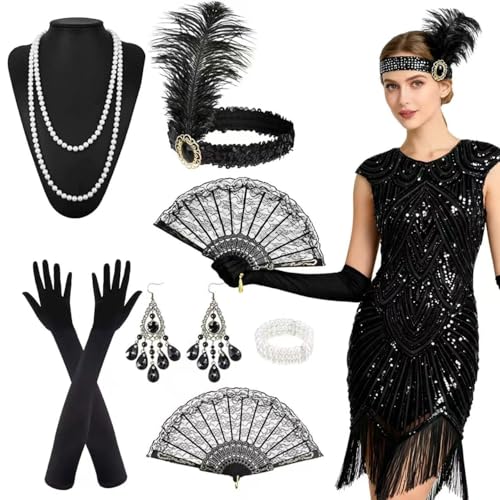 HBWHNIU Robe Charleston Femme Annee 20, Robe Années 1920 Paillettes et à Franges, Robe Flapper Vintage, avec Ensemble d'Accessoires, Costumes des Années 20 pour Femme, pour Carnaval, Cocktail (A, M)