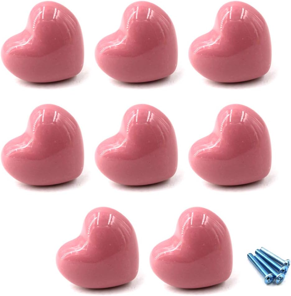 Pink Ceramic Cabinet Handles Drawer Pulls Heart Shape Cupboard Knobs for Kitchen Knobs Kids Room Cabinets Closets Toy Organizer Box Bookcase-8PCS