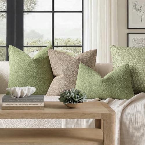 Image of Foindtower Pack of 2 Textured Boucle Throw Pillow Covers Accent Solid Decorative Lumbar Pillow Cases Soft Couch Cushion Case for Chair Sofa Bedroom Living Room Home Decor 12x20 Inch Leaf Green