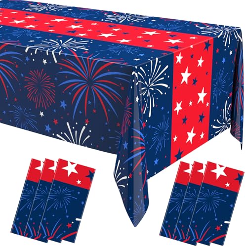 Image of Newwiee 6 Pcs 4th of July Patriotic Tablecloth Disposable American Flag Table Cloth Plastic Red White Blue Independence Day Rectangle Table Cover 250th Decoration(Fireworks,51x87)
