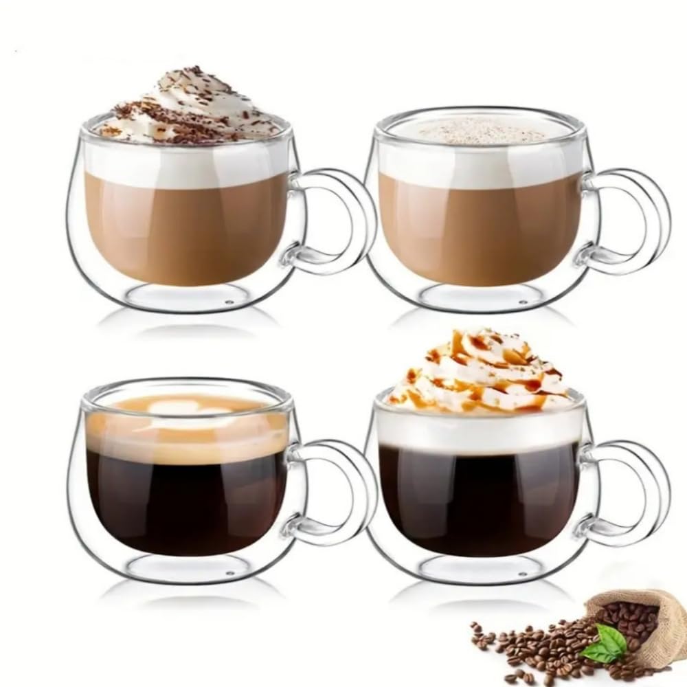 LoveFirst 4x150ml Double Walled Glass Coffee Cups with Handle, Espresso Coffee Glass Cups, Handmade Insulated Heat Resistant Borosilicate Glass, for Hot Drinks Tea Milk Juice Iced Americano