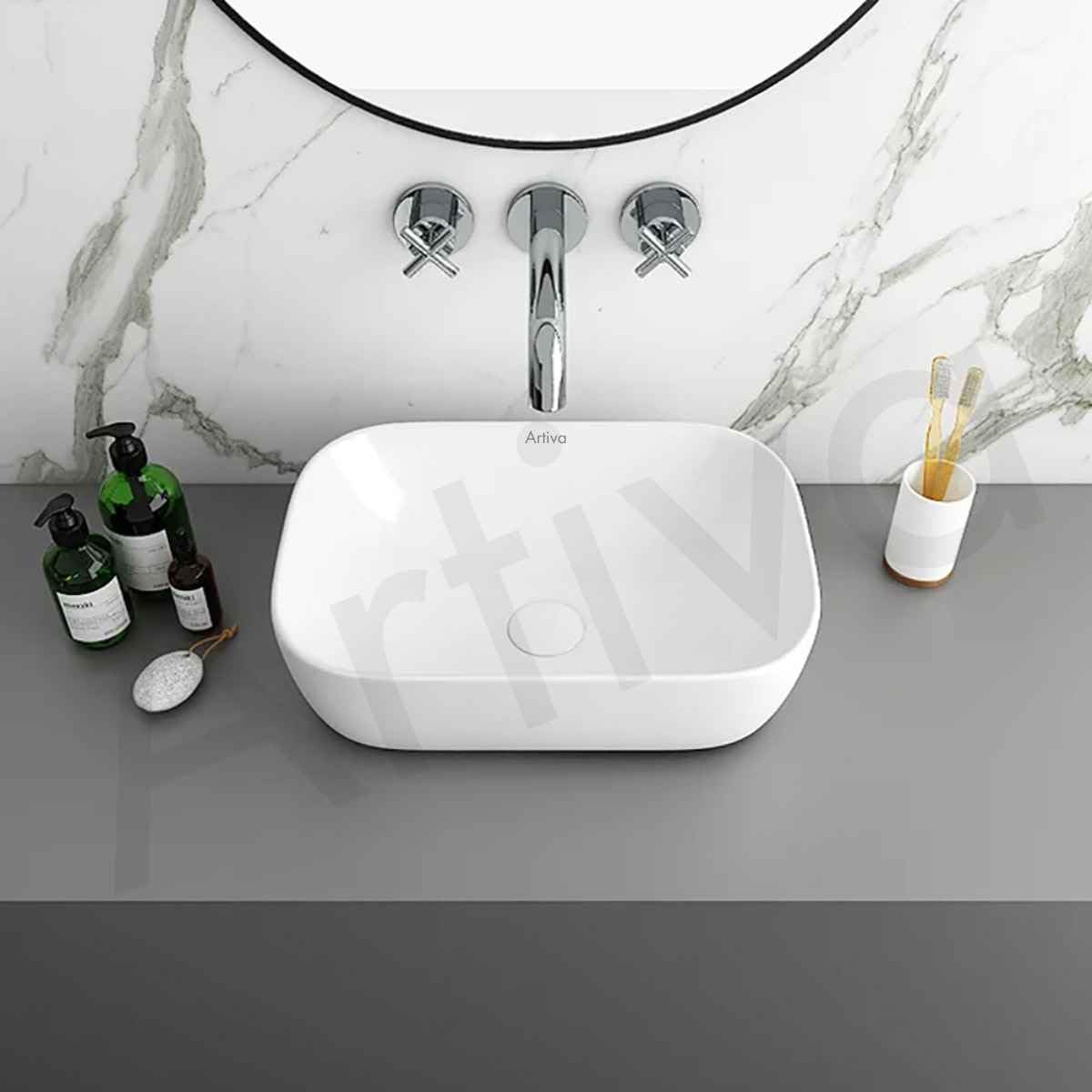 Artiva White Ceramic Table Top Wash Basin For Bathroom (10x14 Inch)/ Small Premium Counter Top Sink/Rectangle Bathroom Basin/Glossy Finish