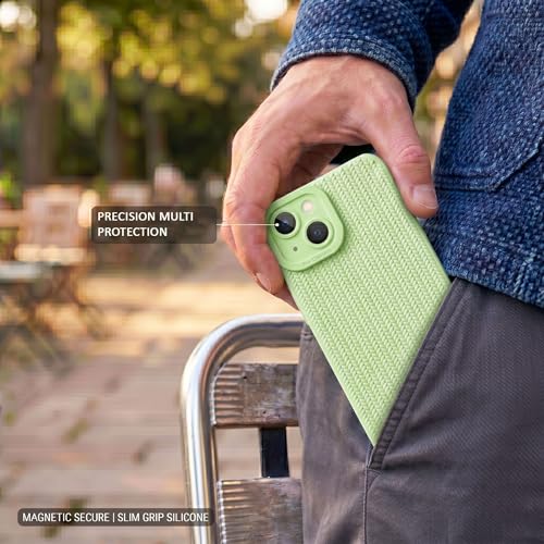 Image of amazon basics Luxury 3D Knitted Texture Soft Silicone Back Cover for iPhone 14 | Slim Fit Shockproof Case with Camera Protection & Non-Slip Grip - Green