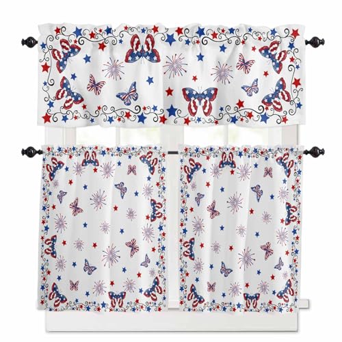 Blue Red 4th of July Kitchen Curtains 24 Inch Length,3 Piece Rod Pocket Small Half Tiers and Valance Set,Independence Day Fireworks Butterfly Small Large Window Treatment Decor for Bedroom/Bathroom