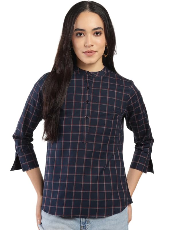 hancock Navy Blue Women Checked Mandarin Collar Cotton Shirt Style Formal Top-picture-30