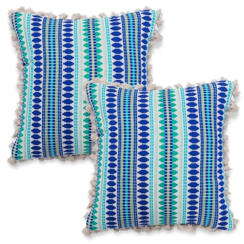 Image of HOKIPO 'Artisan Boho Series' 450 GSM Cushion Cover with Tassels | Cotton Acrylic Jacquard | 16x16 Inch (40x40 cm) | Pack of 2, Royal Blue (IN-905-A2*2)