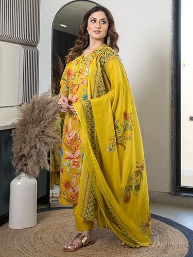 Image of Arayna Women's Pure Cotton Floral Kurta Set with Pants & Dupatta | Embroidered V-Neck Ethnic Suit