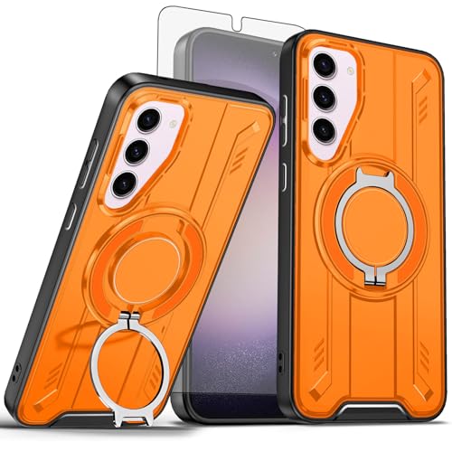 Compatible with Samsung Galaxy S23 5G Phone Case and Screen Protector Magnetic Ring Holder 360° Stand Shockproof Wireless Charging S 23 23S GS23 G5 SM-S911U 6.1 inch Cover for Women Men Orange