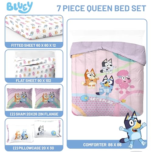 Image of Bluey Bingo Queen Comforter Set 7 Piece Kids Bedding for Girls, Pink | Bed in a Bag, Comforter Sheets Shams Pillowcases, Official Brand, Soft Microfiber, Machine Washable, Girls Gift