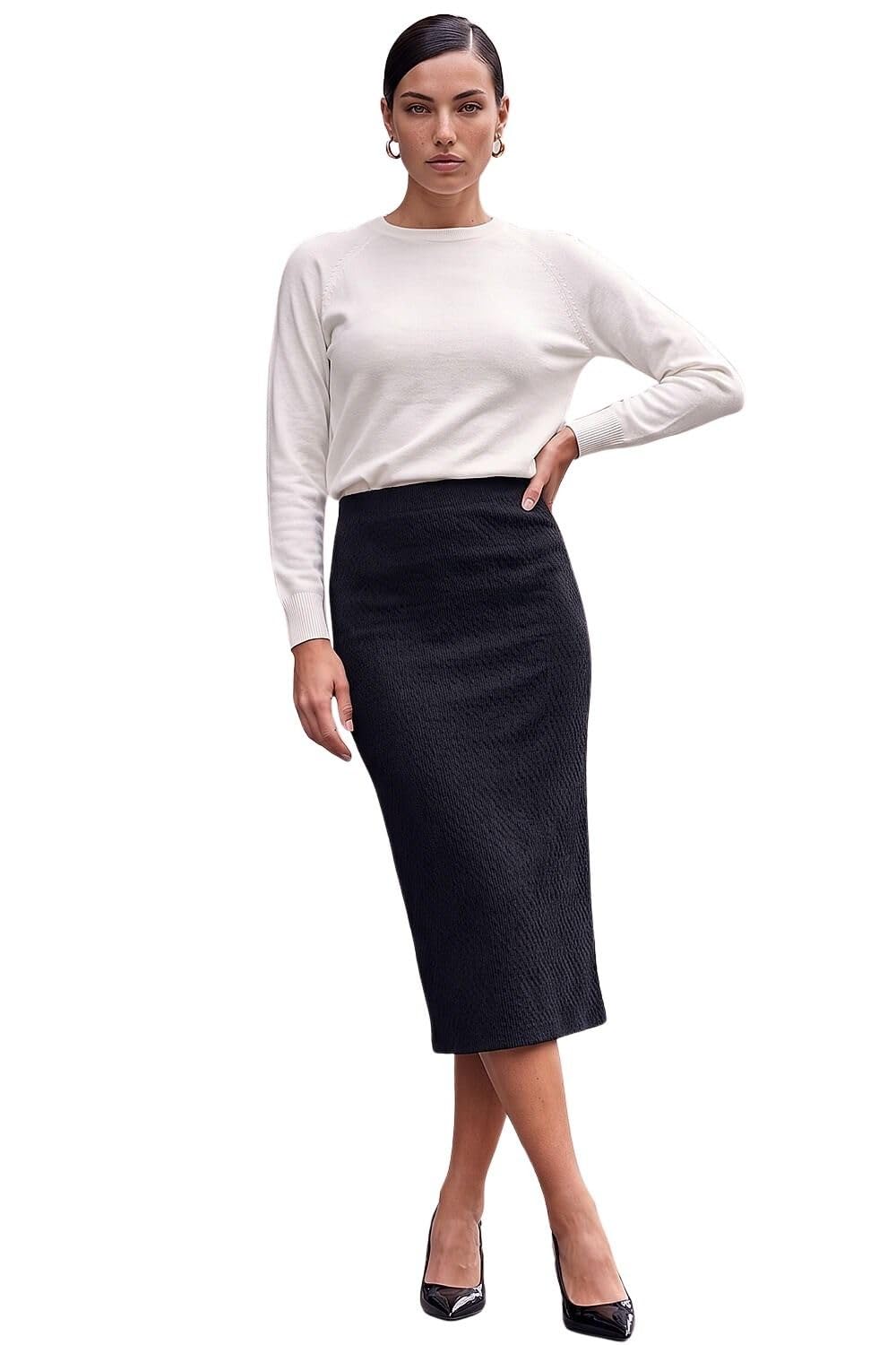 Roman Women's Black Textured Elastic Waist Pencil Midi Skirt In Size 8