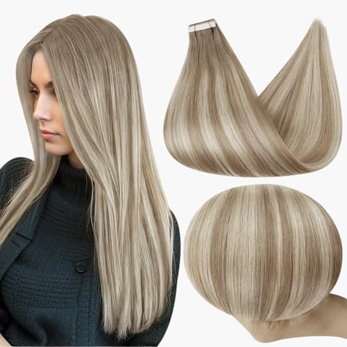 Image of Full Shine Tape in Human Hair Extensions, 20 Inch Grey Brown Blonde | 50g 20 PCS, Seamless Skin Weft Tape in Extensions, Remy Human Hair, Lightweight Feel, Long Hairstyles, Styling Variety
