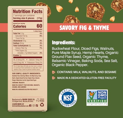 Maine Crisp Savory Fig & Thyme Crisps, 4 Pack, Vegan Gluten Free Crackers - Snack Crackers, Grain Free, Dairy Free, Non-GMO - Sweet & Savory Flavor, For Cheese Boards, Salad Toppings & Jams