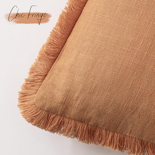 Image of Foindtower Set of 2 Decorative Linen Fringe Throw Pillow Covers Cozy Boho Farmhouse Cushion Cover with Tassels Soft Accent Pillowcase for Couch Sofa Bed Living Room Home Decor,18x18 Inch,Dusty Orange