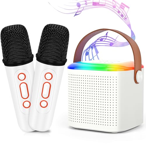 Mamowla Karaoke con Microfono Wireless Bambini, Microfono Karaoke Giocattoli con 2 Microfoni Wireless Bluetooth, Microfono Wireless Karaoke con Luce LED Portatile per Principianti/Bambini, Bianco