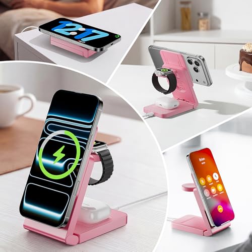 Image of 3-in-1 Charging Station for Apple Devices, Foldable Magnetic Wireless Charger Stand, Fast Charger Station for iPhone17 /16 /15 /14 /13 /12 Pro Max / AirPods2 /3 /4 and IWatch Ultra Series(Pink)