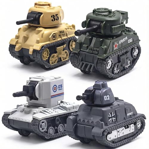 Ai-Fun 4PCS Pull Back Mini Tank Toy Car - Army Vehicle Military Toys, Die-Cast Battle Model for Kids, Durable Play Vehicle (Solid Color)