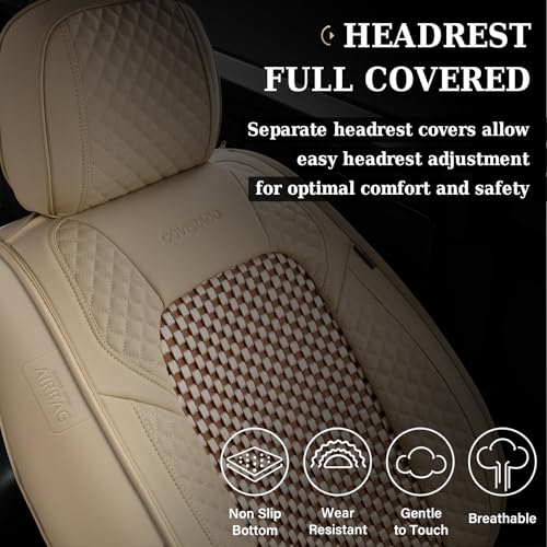 Image of Coverado Seat Covers Full Set, 5 Seats Universal Seat Covers for Cars, Beige Car Seat Covers Front Seats Back Seat Cover, Breathable Car Seat Cushion, Leather Seat Cover Seat Protector Fit Most Cars