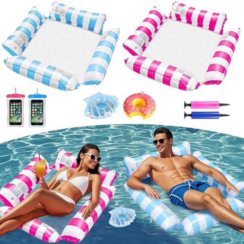 2 Pack Inflatable Pool Floats for Adults,4-in-1 Swimming Pool Floats Hammock,Multi-Purpose Pool Floats with Cup Holders for Summer Swimming Pool Beach