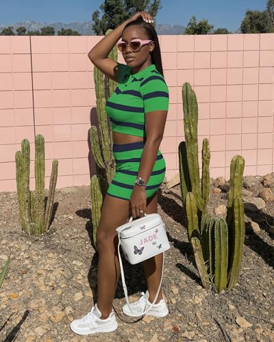 Image of HBQ Women's Casual 2 Piece Skirt Sets Polo Collar Crop Top Striped Mini Dress Summer Vacation-Stripe