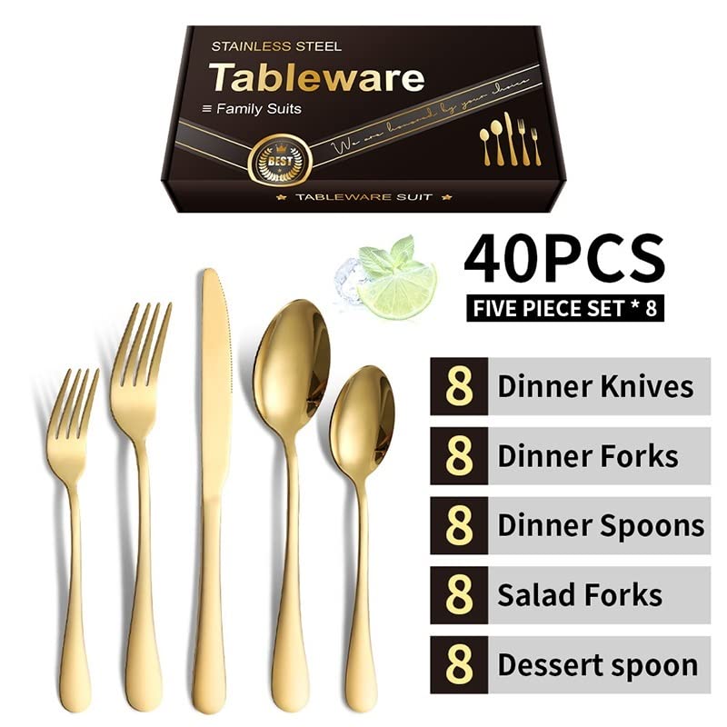 Ensemble de couverts en argenterie, 40 pièces acier inoxydable, occidentaux, couteaux à steak, fourchettes, cuillères dessert, vaisselle for 8 personnes, ensemble, doré