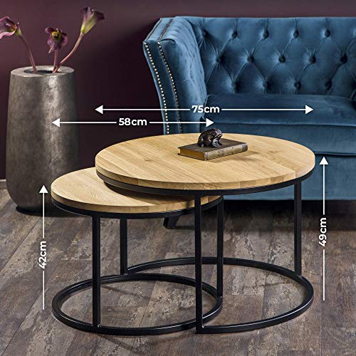 Couchtisch Rund - Stylischer Satztisch aus Massiv Eichenholz Set 2er - Vintage Sofa Tisches, Massiv Wohnzimmertisch Rund… – Bild 4