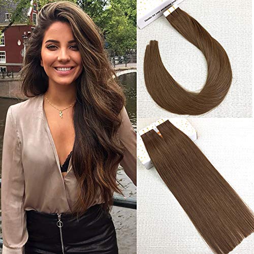 Reysaina 14inch 20 PCS Tape in Brown Human Hair Extensions Glue in Hair Extensions #8 Light Brown Skin Weft Tape in Hair Extensions