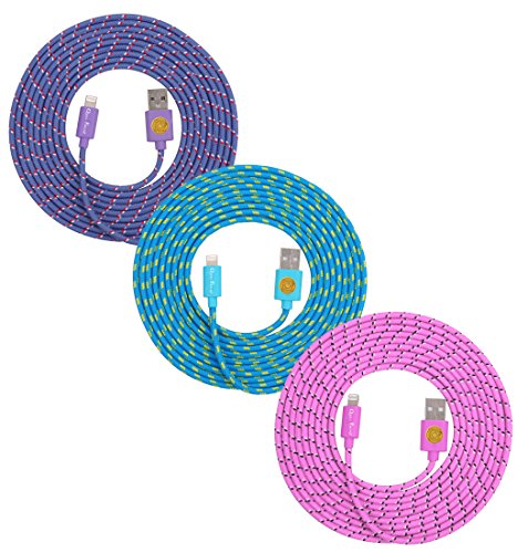 Pack of 3 High Speed Industrial Grade 3M / 10FT Nylon Braided Lightning Cable 8-Pin Sync Charge Cord for iPhone 7, 7 Plus, iPhone 6S, 6 (Blue Purple Pink)