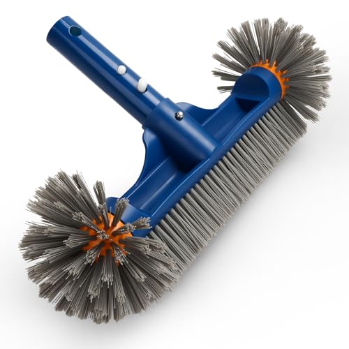 Pool Brush Head with Round Ends, 12.5'' High-Efficiency Pool Brush for Cleaning Pool Walls，Floors Steps & Small Stains in Corners，Premium Nylon Bristles Pool Brush with EZ Clip (Blue)