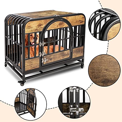 Heavy Duty Dog Crate Furniture, Dog Crates For Large Dogs With Lockable Wheels, Metal Cage, Wood Kennel Crate Pet Playpen With Removable Tray 32 Inch #TOP6