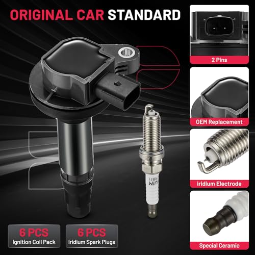 Image of BDFHYK Ignition Coils UF553 and Iridium Spark Plug 5019 Compatible with Lincoln MKS MKT MKX MKZ Mercury Sable Edge Flex Fusion Taurus V6 3.5L 3.7L Replaces UF595 5C1652 C1595 DG520 E1053 Set of 6