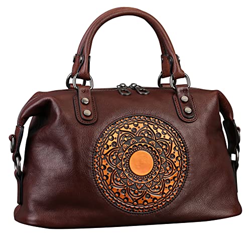 Image of Leather Handbag for Women, Genuine Leather Purses Retro Mandela Crossbody Handbag Tote Bag