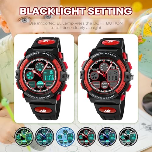 Image of Dayllon Boys Watch,Kids Watch for 5-15 Year Old Boys,Digital Sport Outdoor Multi Function Waterproof with LED Alarm Calendar Analog Watch for Kids Gifts