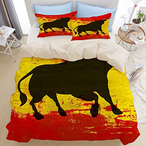 HARXISE Juego de Cama de 3 Piezas, Toro español sobre una Bandera de España, Juego de edredón con Cremallera de Lujo Moderno con 2 Fundas de...