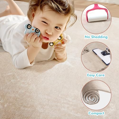 Wdmiya 127x127cm Krabbelmatte Baby, 3cm Dicke Spielmatte, Weicher Teppich Kinderzimmer mit Rutschfester Unterseite, kann als Kinderteppich, Spielteppich, Couchtischmatte, Yogamatte, Beige