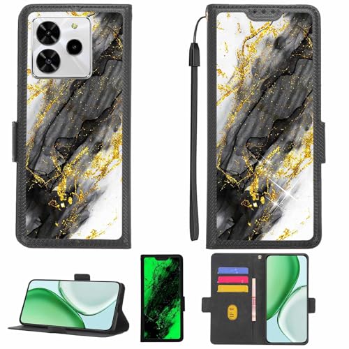 Aroepurt Case Compatible for Lava O3 Pro Phone Case Flip Cover [with Tempered Glass Screen Protector][RFID Blocking][Gold Glitter+Luminous] LPT-HDL