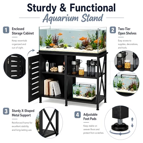 Image of Herture 40-50 Gallon Fish Tank Stand, Aquarium Stand with Cabinet Accessories Storage, Heavy Duty Metal Frame, 40.55 inch L*18.89 inch W Tabletop, 850LBS Capacity, Black PG02YGB